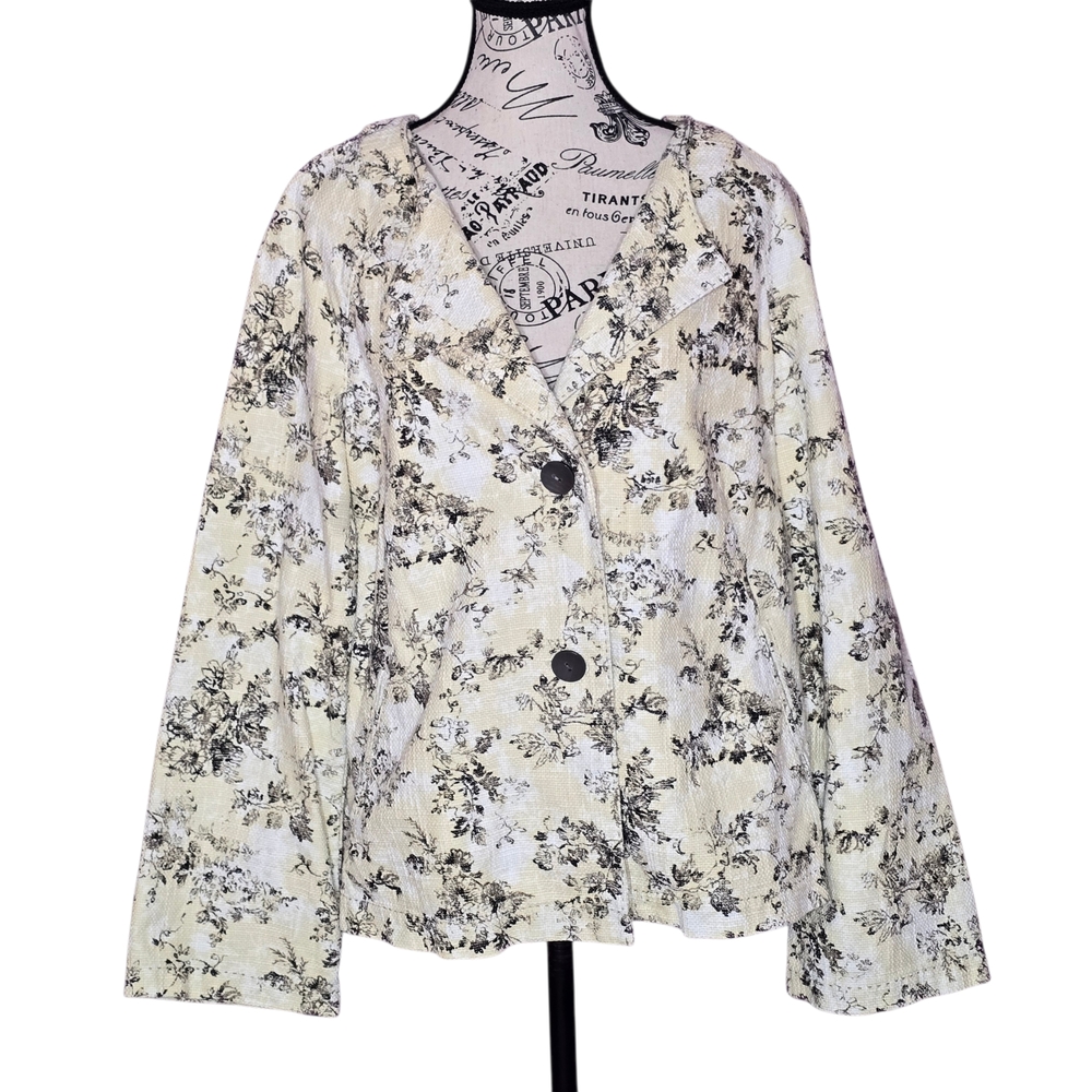 J. Jill Yellow Black Lightweight Floral Cotton Button Blazer L Cottagecore